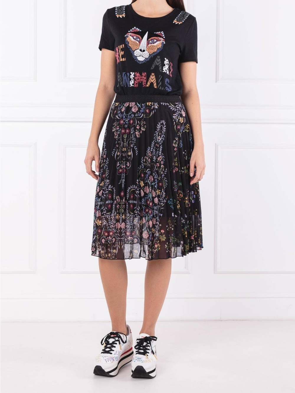 Desigual Black Midi Skirt with Colorful Floral Print